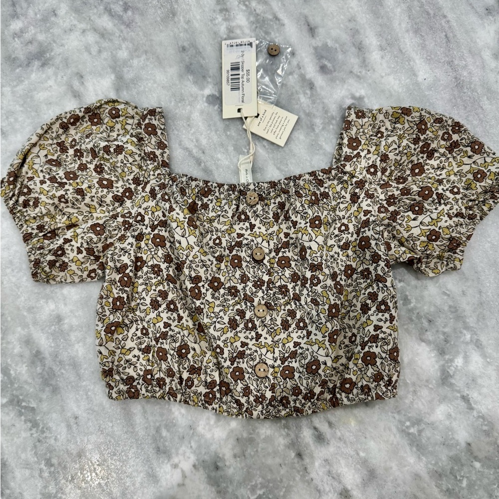 Rylee + Cru Brown & Cream Floral Puff-Sleeve Crop Top